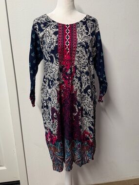 Navy Blue Pink Paisley Floral Pakistani Kurta – Lightweight Summer Tunic